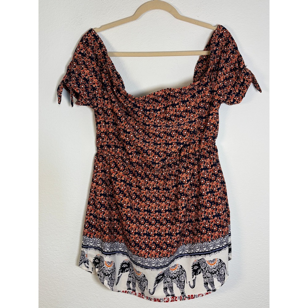 Hint of Blush Boho Elephant Floral Print Off Shoulder Smocked Waist Top Small